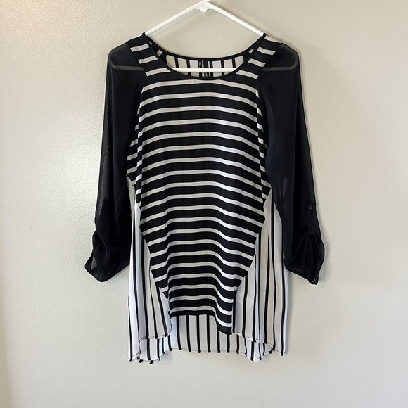 Maurices Semi Sheer Top Black White Stripe Blouse Size Medium - Picture 1 of 6